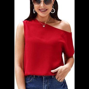 𝅺women's Casual One Shoulder Short Sleeve Solid Blouse Shirt Top Size Large